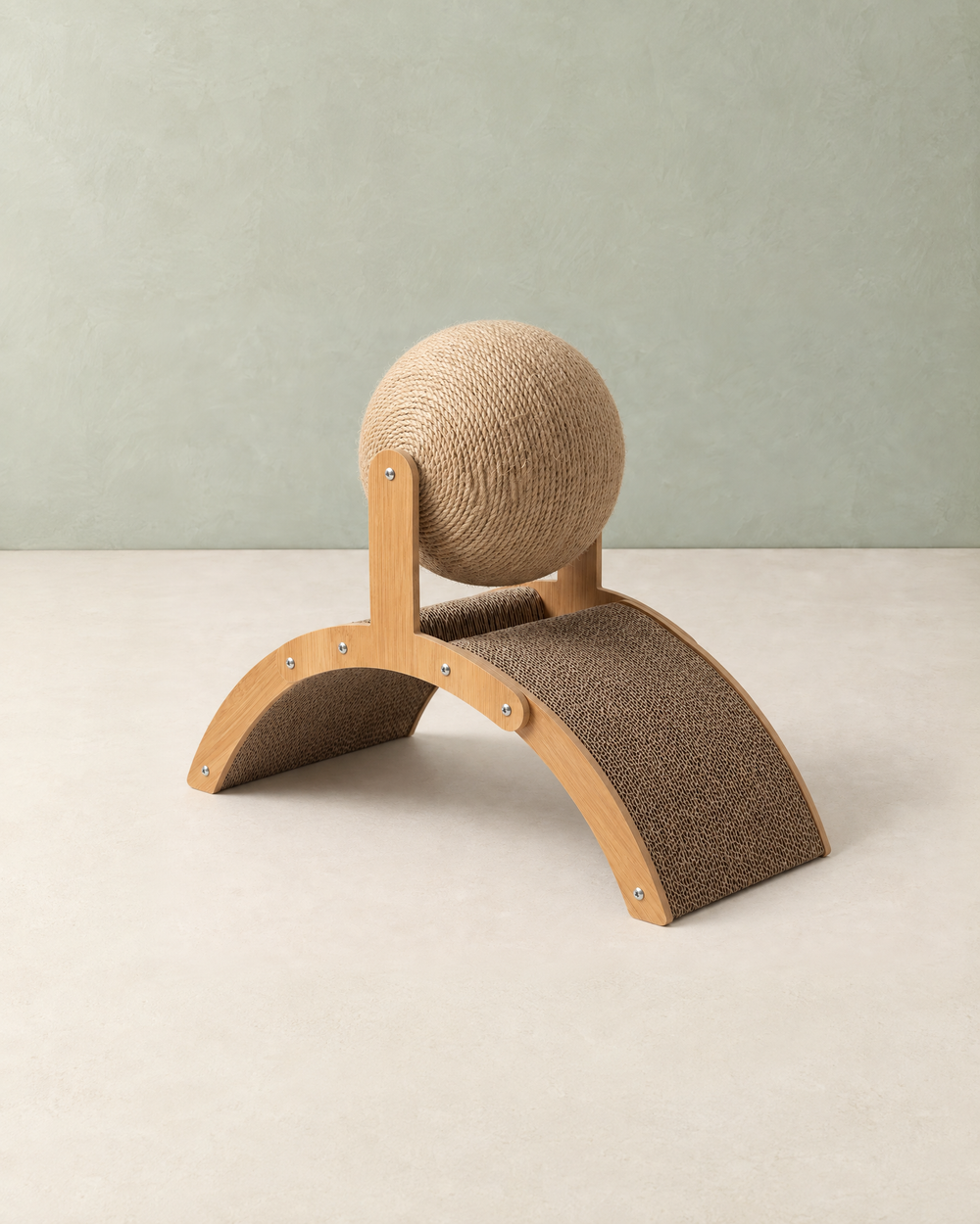 Arched Wooden Cat Scratcher with Sisal Ball and Curved Cardboard Board