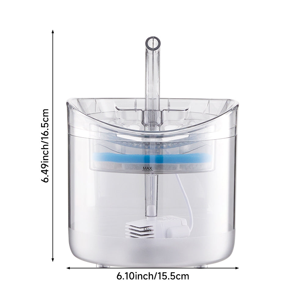 The clear water fountain seen from the front with its size: 15.5 cm wide and 16.5 cm high