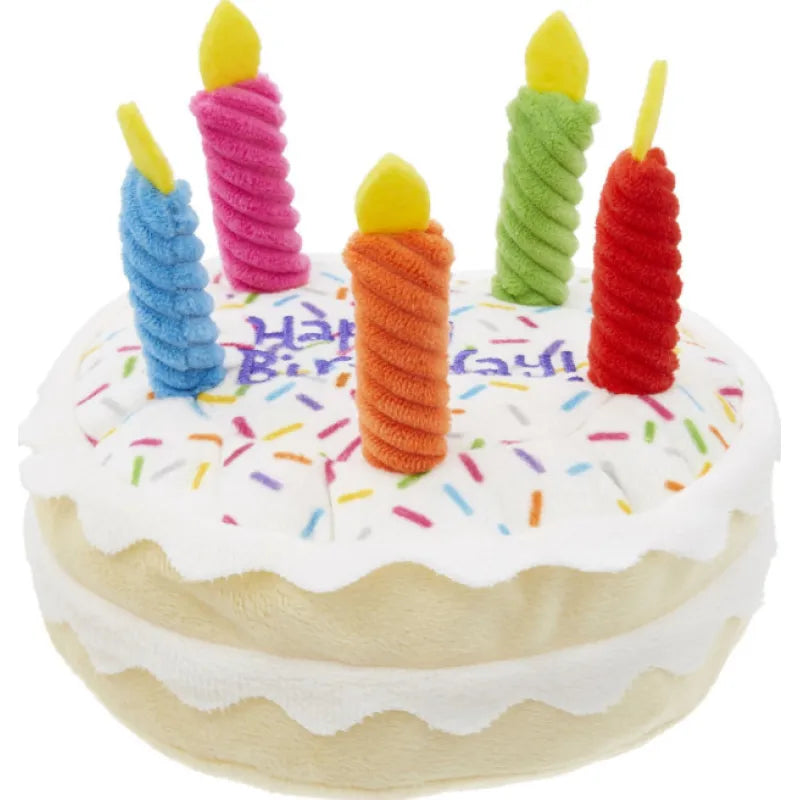 Round plush birthday cake dog toy with sprinkles and five coloured candles