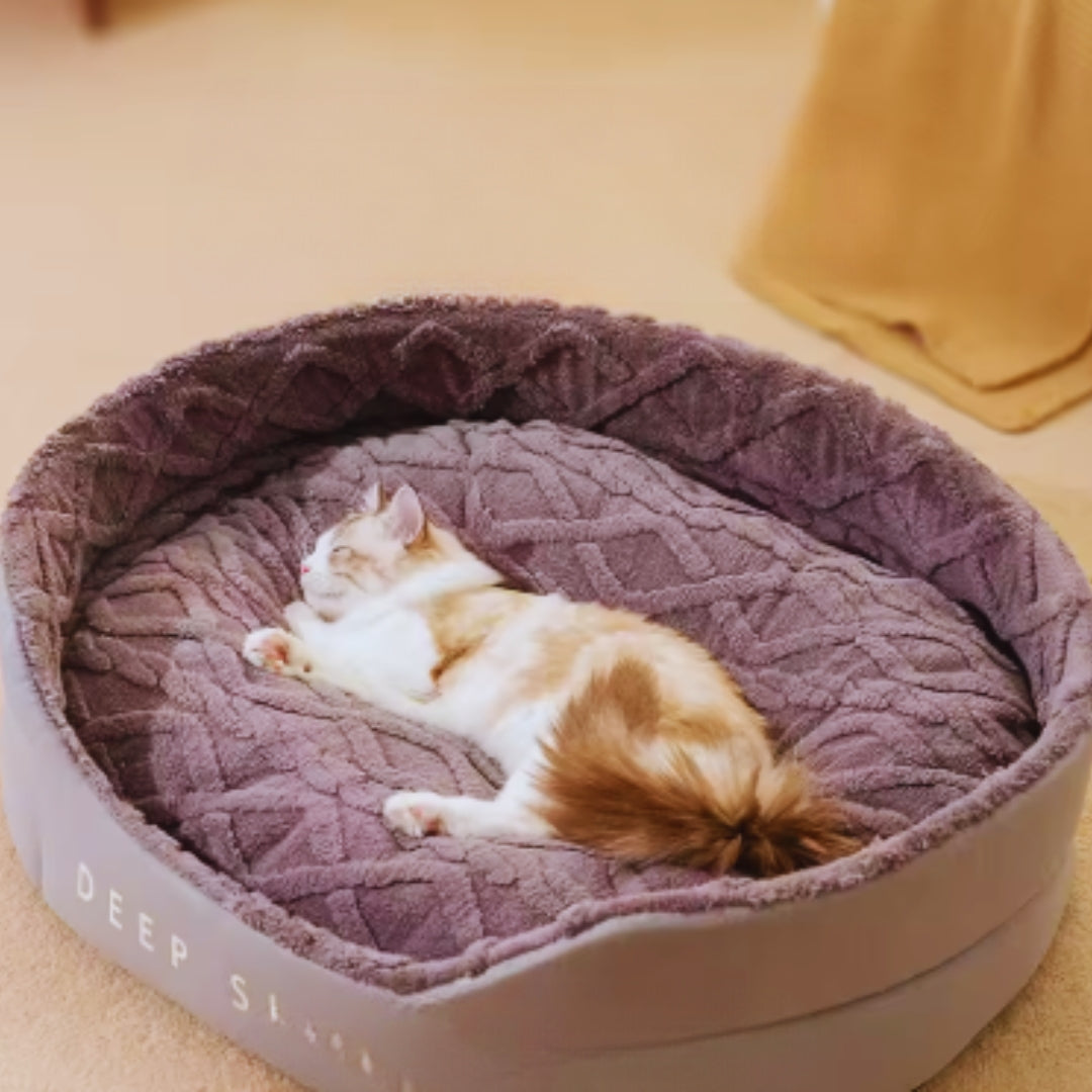 Lilac grey oval cat bed with raised sides and textured plush, a ginger and white cat asleep inside