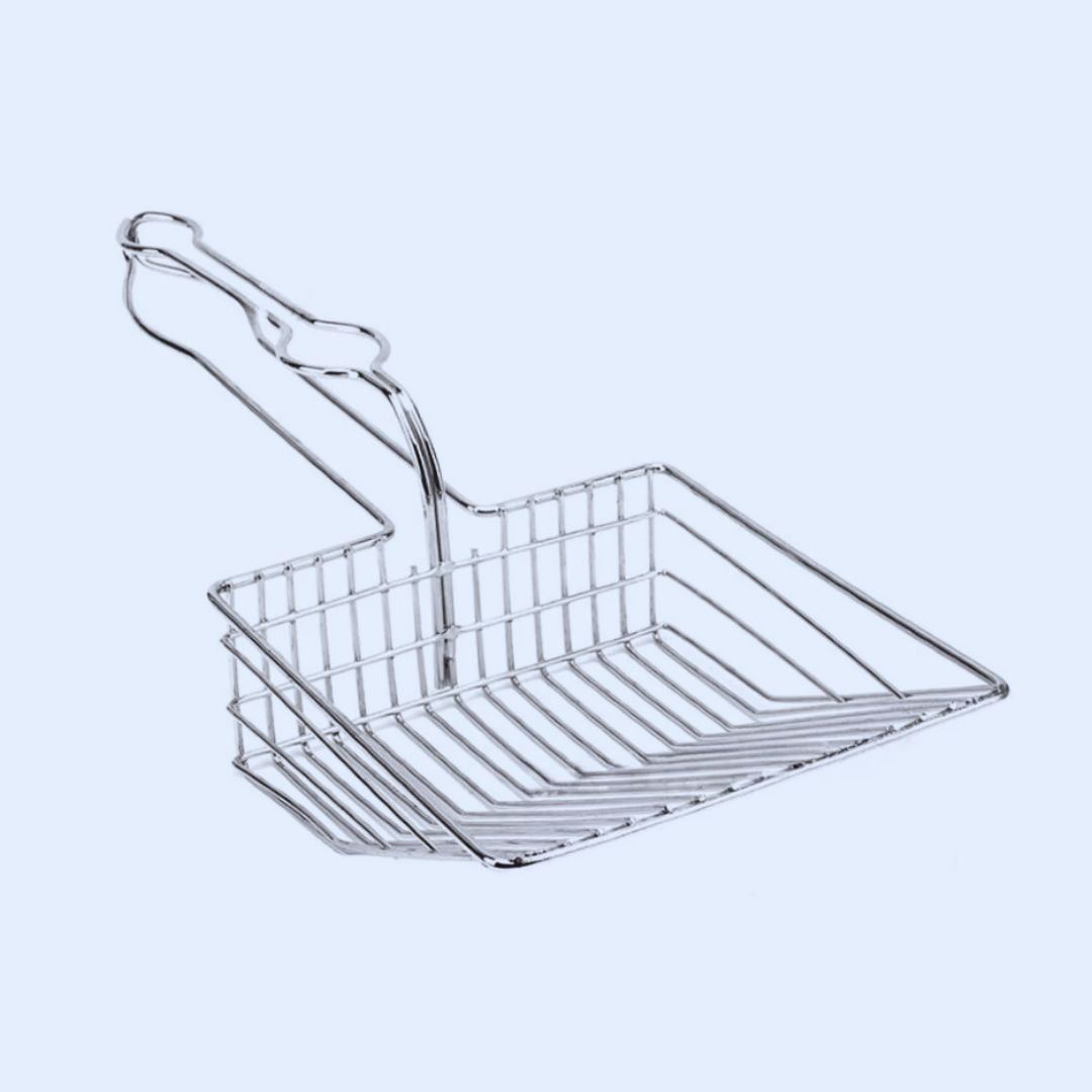 Stainless steel wire cat litter scoop with a deep slotted basket and a long looped handle
