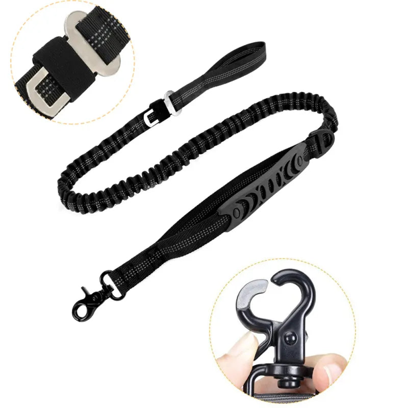 Black bungee dog lead with close-ups of the seat belt clip and the swivel snap hook