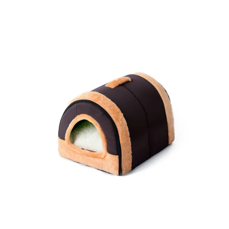Dark brown tunnel pet house with tan plush trim and a cream cushion inside