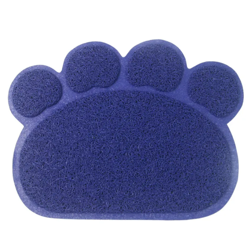 Indigo paw-shaped cat litter mat with a looped surface