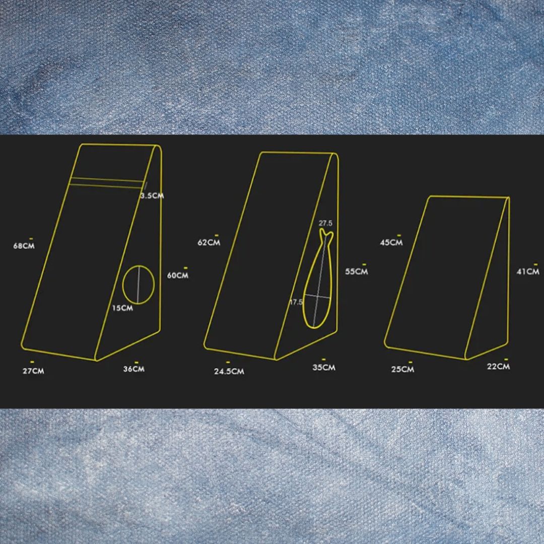 Size drawing of the three scratchers: large 60 cm high with a 15 cm opening, medium 55 cm high with a fish window, small 41 cm high