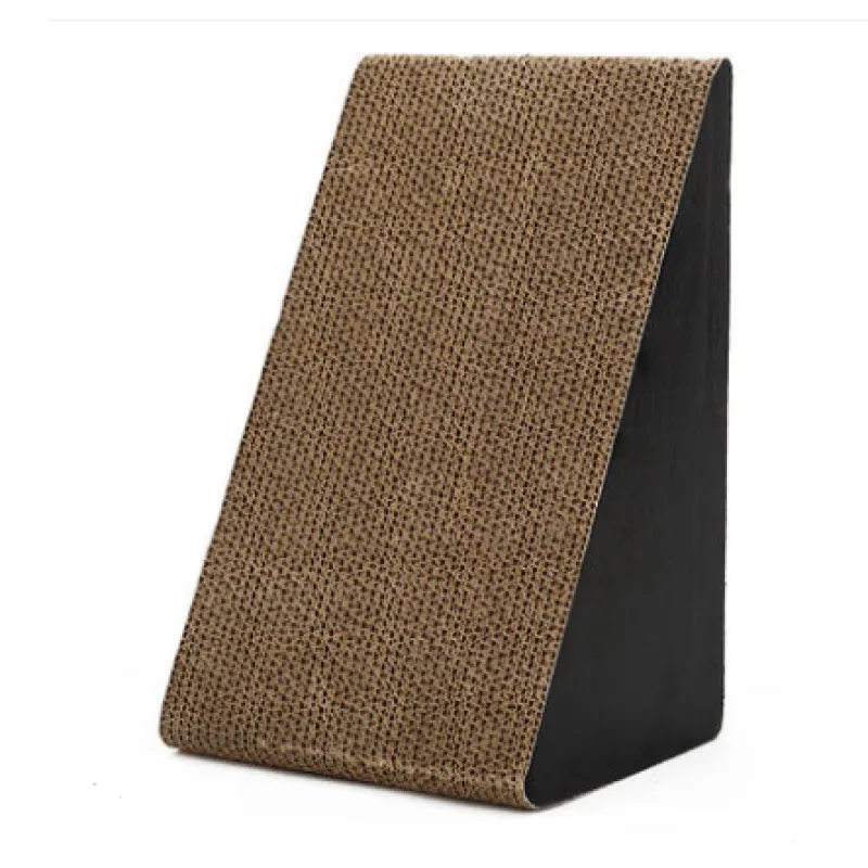Small triangular cat scratcher with a corrugated cardboard face and a black side