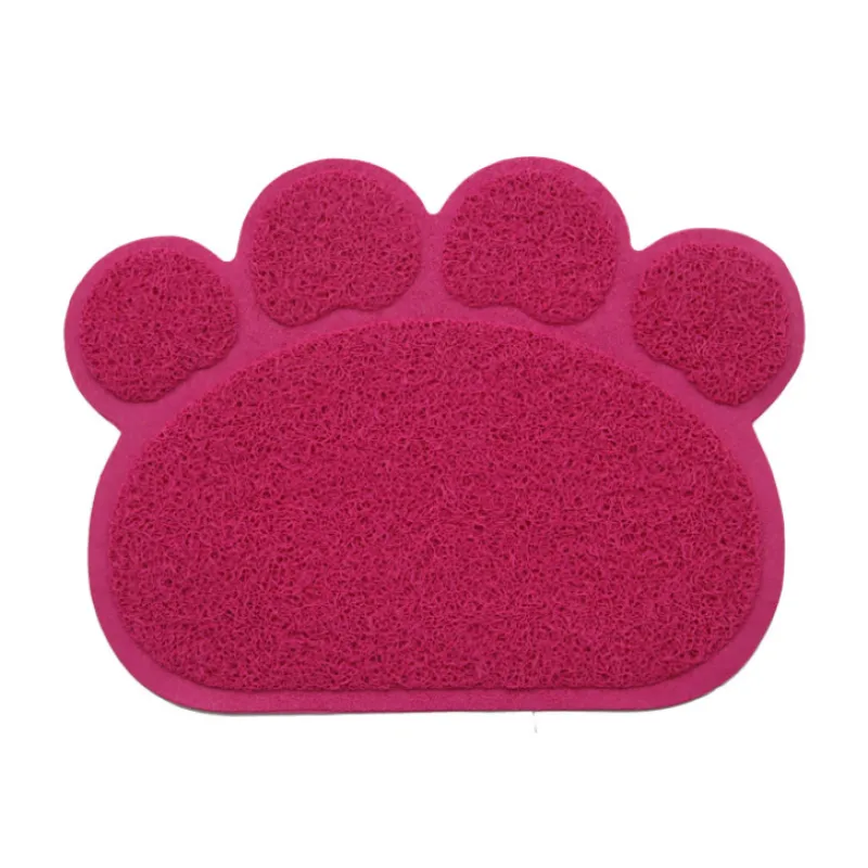 Raspberry paw-shaped cat litter mat with a looped surface