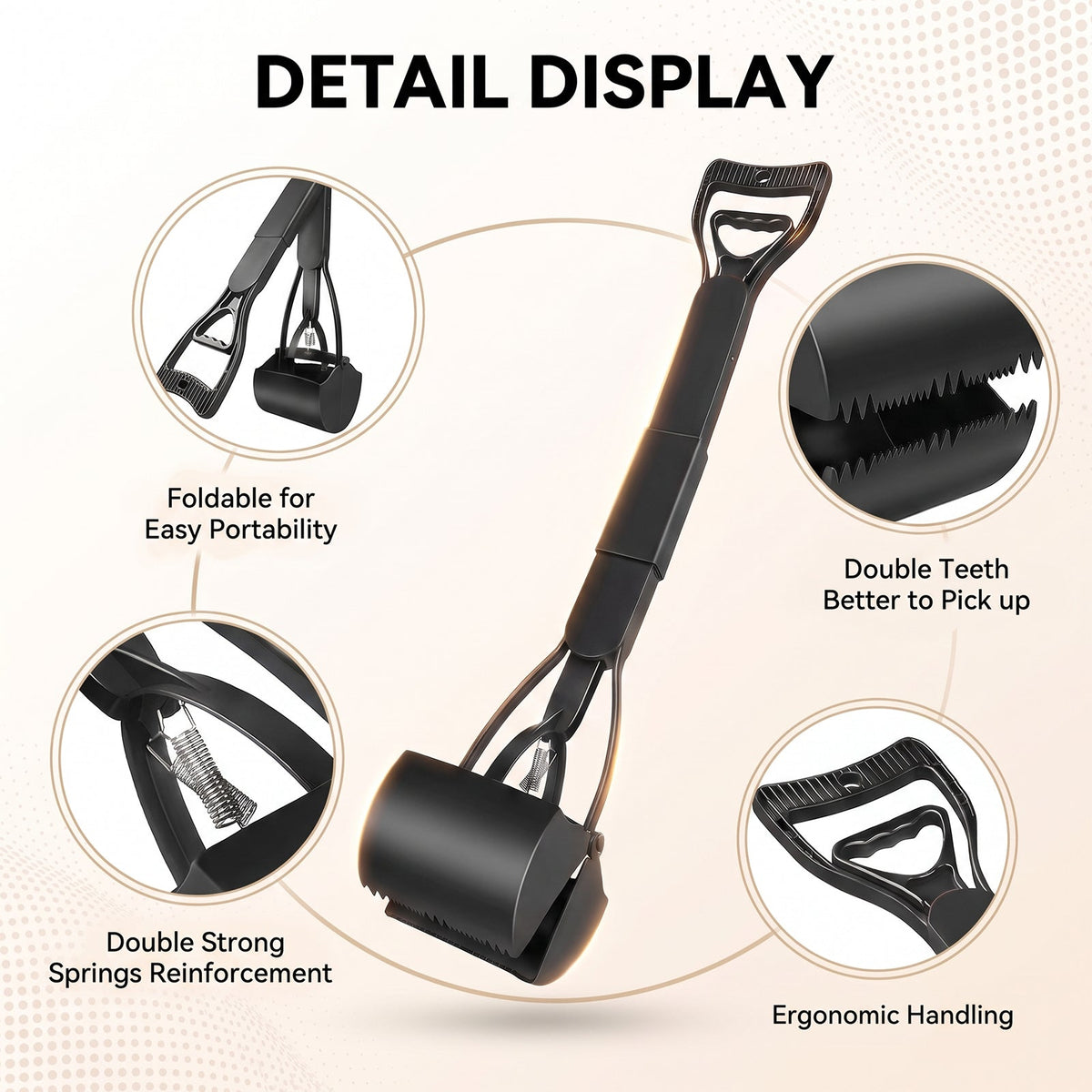 The black scoop with close-ups of the fold, the teeth, the springs and the grip