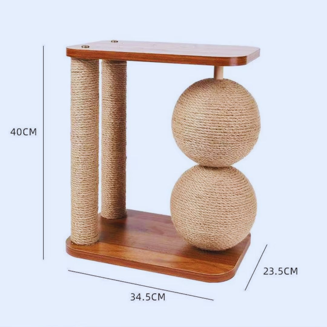 Sisal ball cat scratching post with its measurements: 40 cm high on a base 34.5 cm wide and 23.5 cm deep
