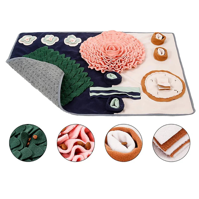 Pink Rose snuffle mat with one corner turned over to show the grey dotted non-slip back, and close-ups of treats hidden in the fleece