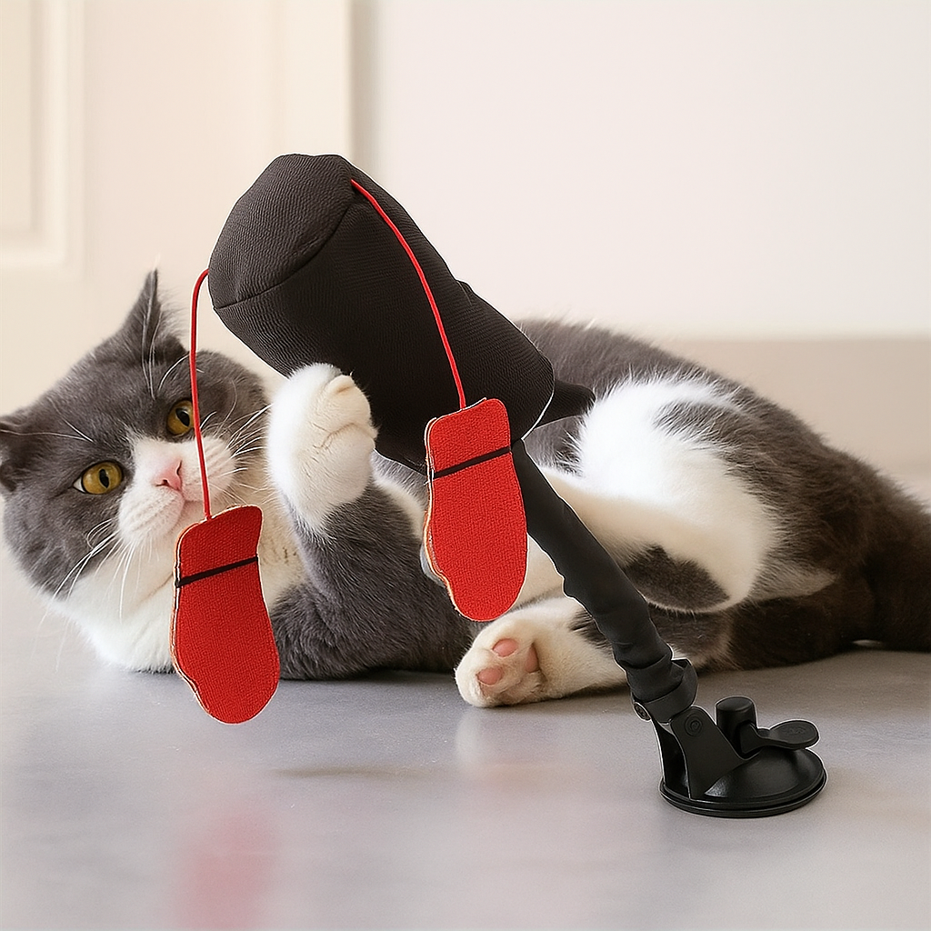 A grey and white cat lying on its back batting the punching bag toy