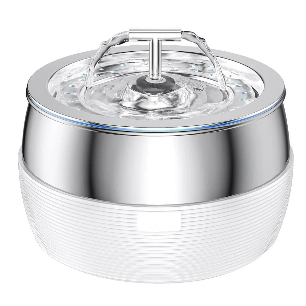 Stainless steel water fountain with a T-shaped double spout on a white ribbed base