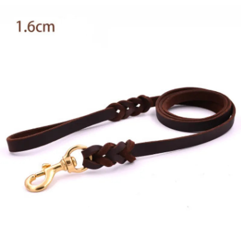 Brown leather dog lead laid out with its hand loop and snap hook, labelled 1.6 cm wide