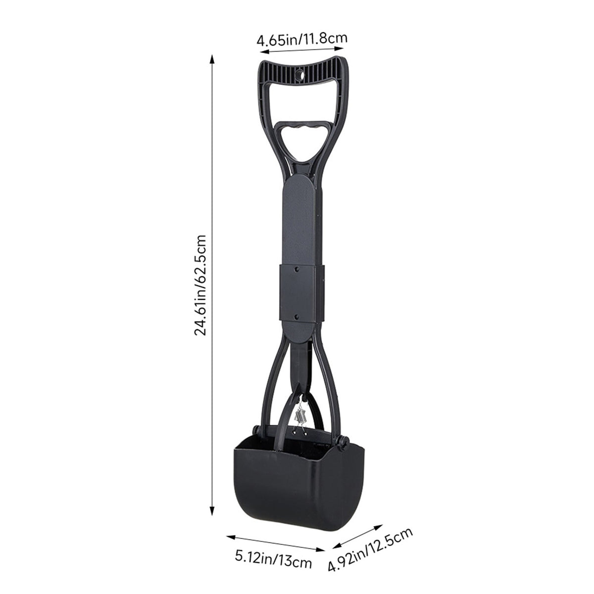 Black foldable dog poop scoop, 62.5 cm long with 13 by 12.5 cm jaws