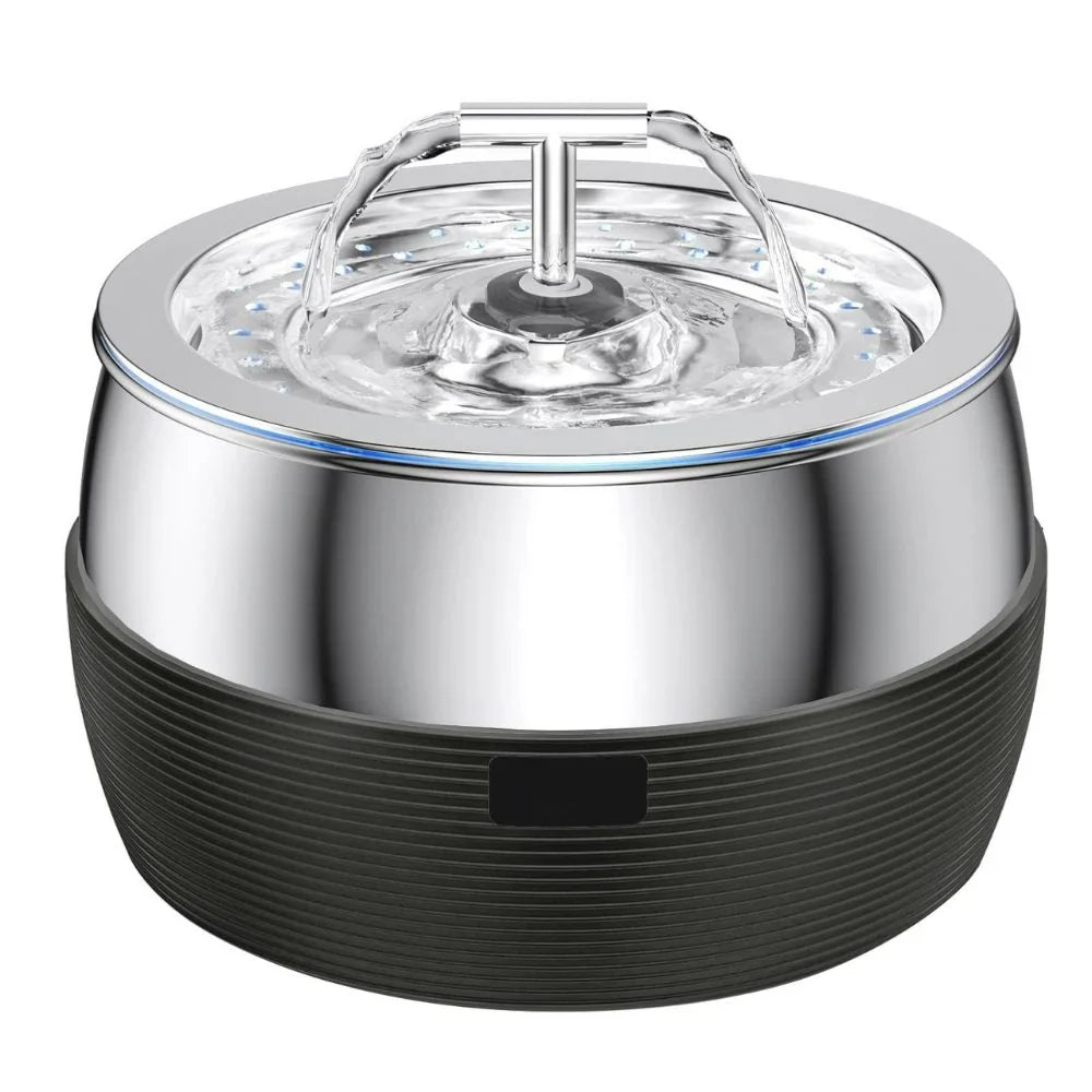 Stainless steel water fountain with a T-shaped spout pouring two streams onto a perforated top plate, on a black ribbed base