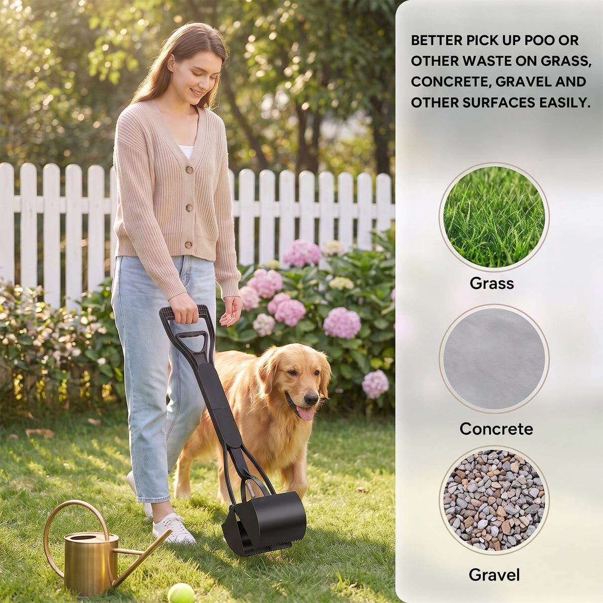 The scoop in use in a garden, with grass, concrete and gravel swatches