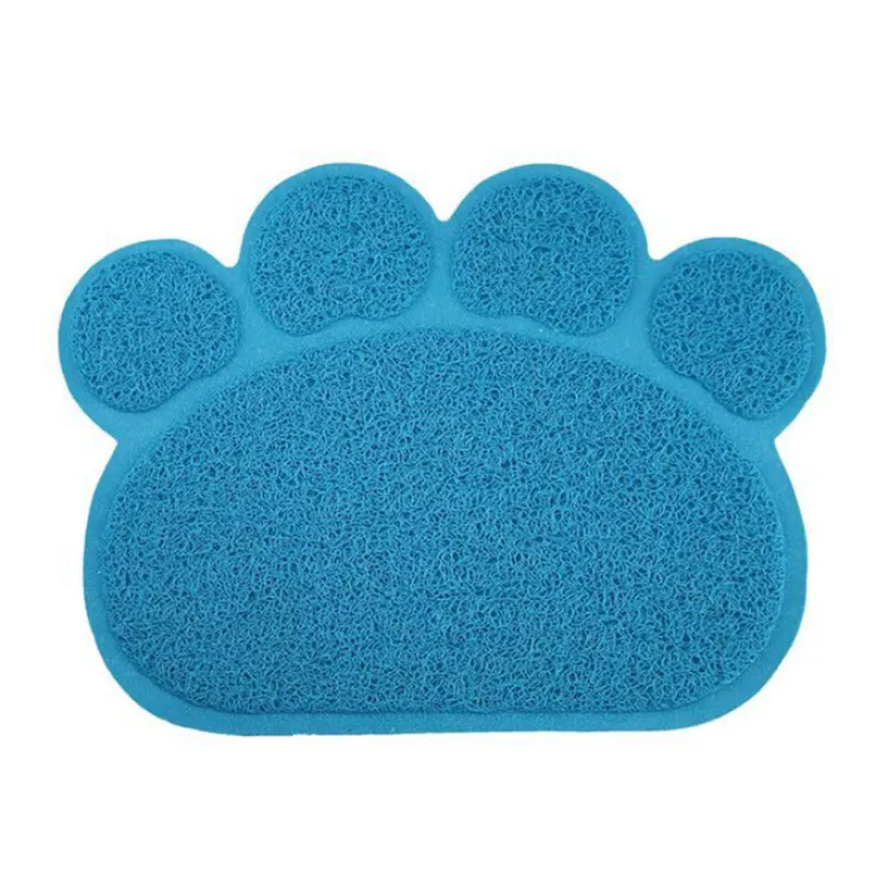 Sky blue paw-shaped cat litter mat with a looped surface