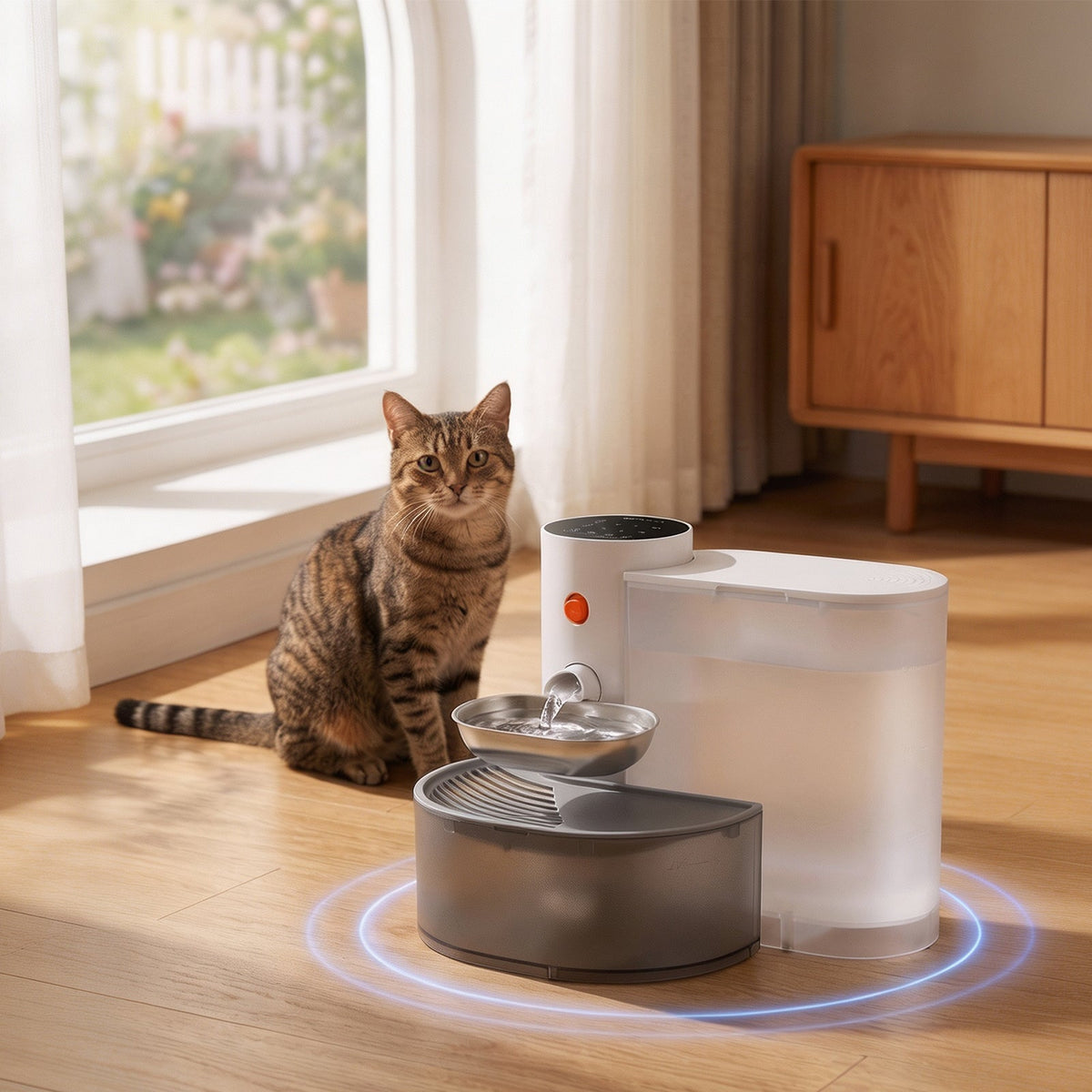 A tabby cat beside the self-refilling pet water fountain with its steel bowl and clear 3 L tank, by a window