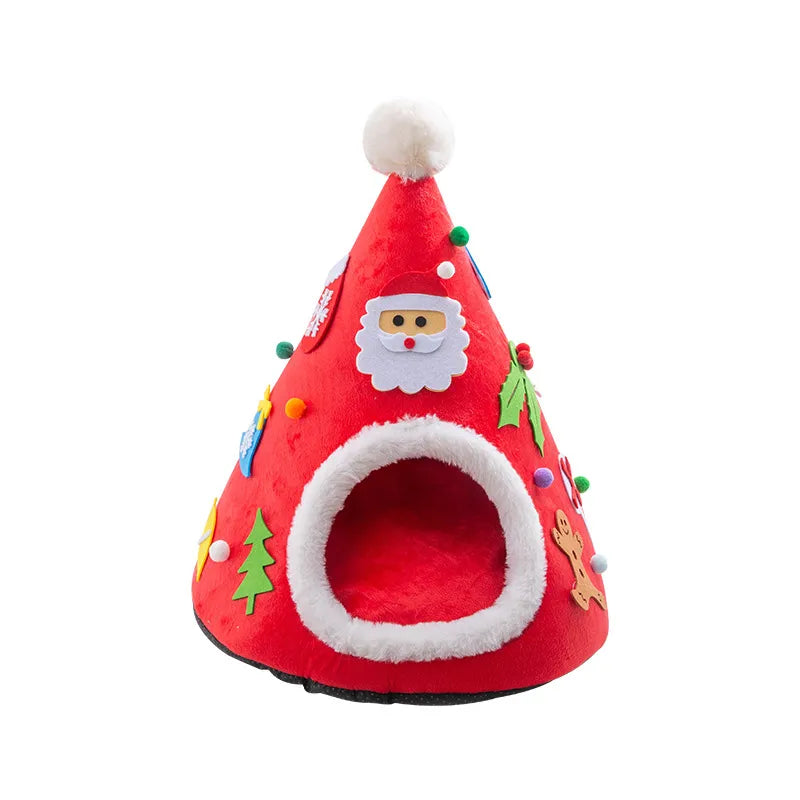 Red Christmas tree cave bed with a white pompom tip, white faux-fur entrance and felt Santa, tree and gingerbread decorations