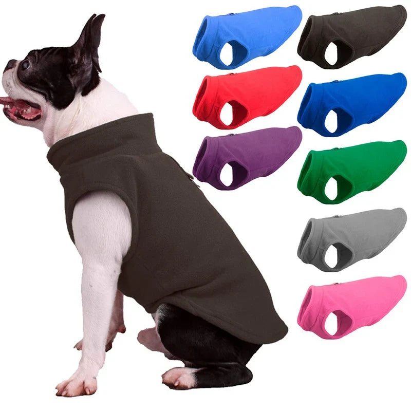 Boston terrier in the brown fleece dog vest beside the vest in blue, brown, red, royal blue, purple, green, grey and pink