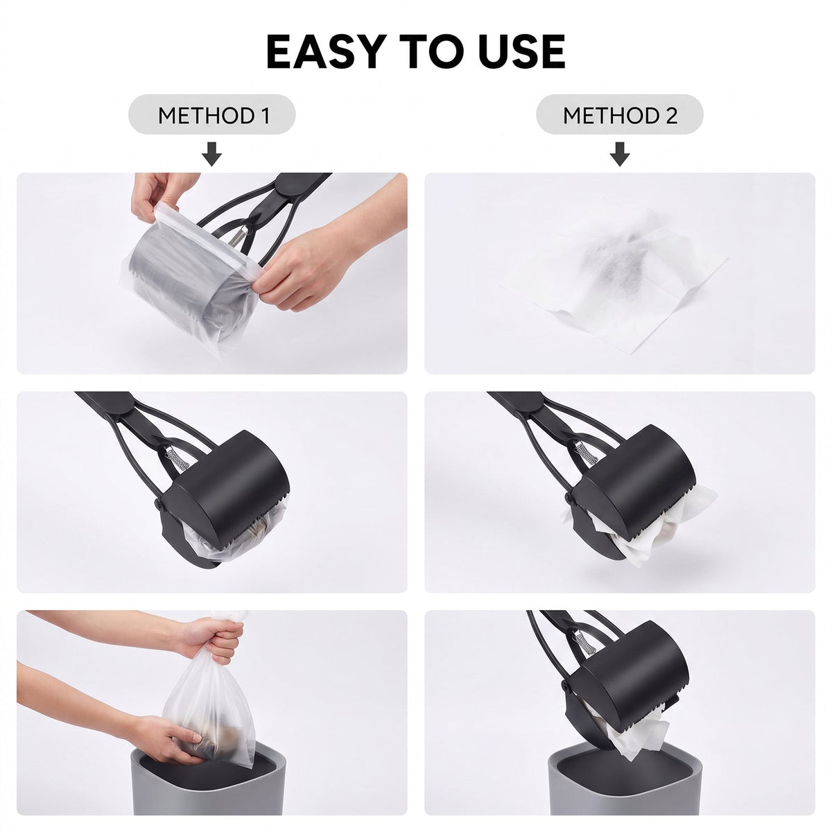 Two ways to fit a waste bag onto the scoop