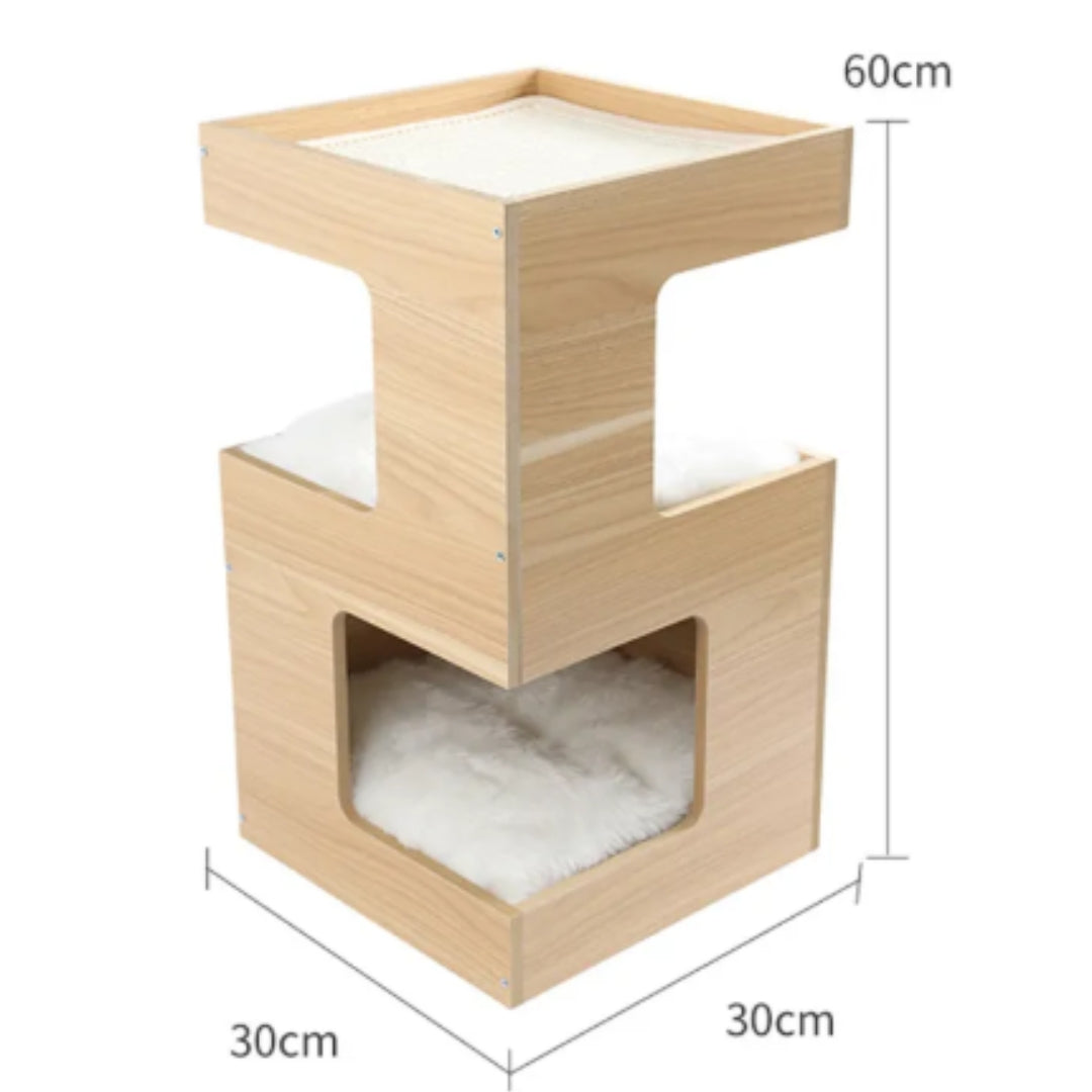 Two-tier wooden cat house with its measurements: 60 cm high on a 30 x 30 cm base
