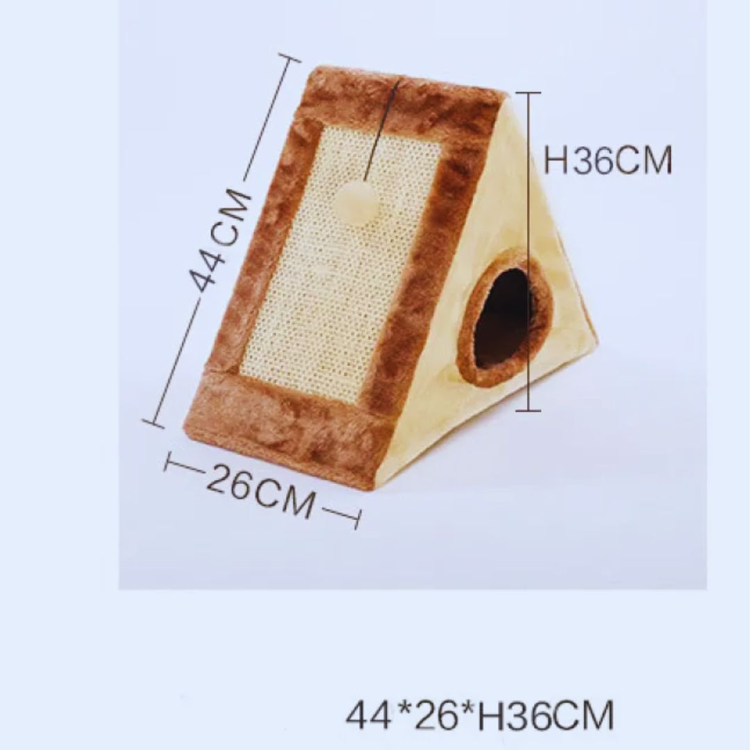 Brown triangle cat house with its measurements: 44 cm sloping side, 26 cm wide, 36 cm high