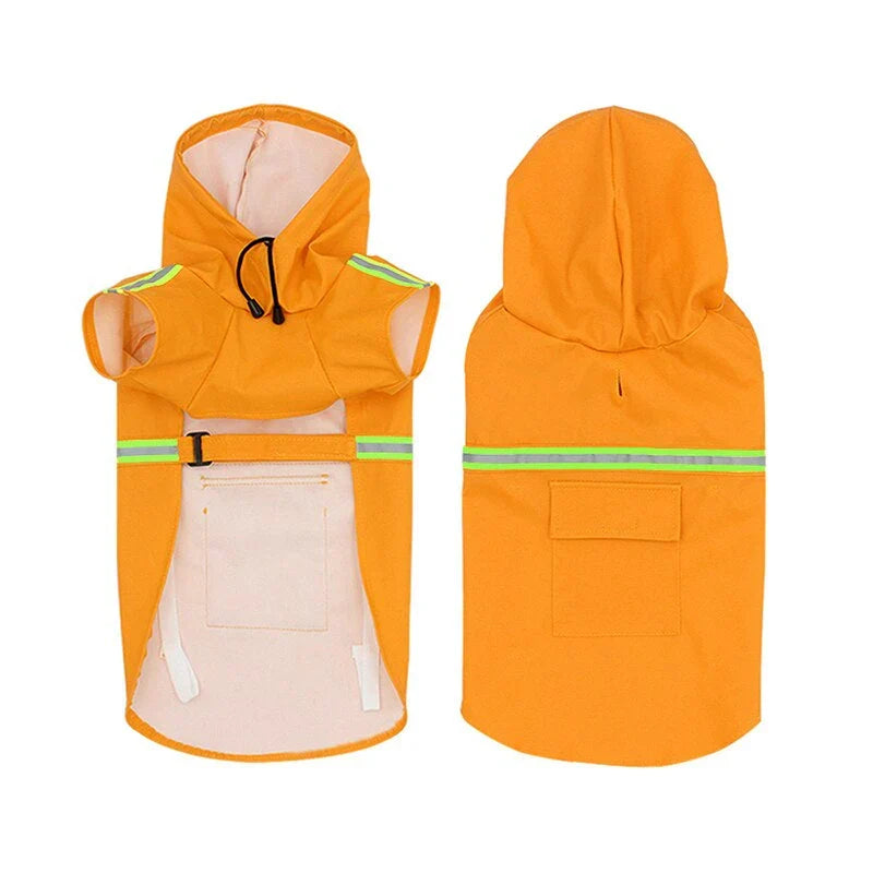 Orange hooded dog raincoat shown from the front with its pale lining and from the back with the reflective band and pocket