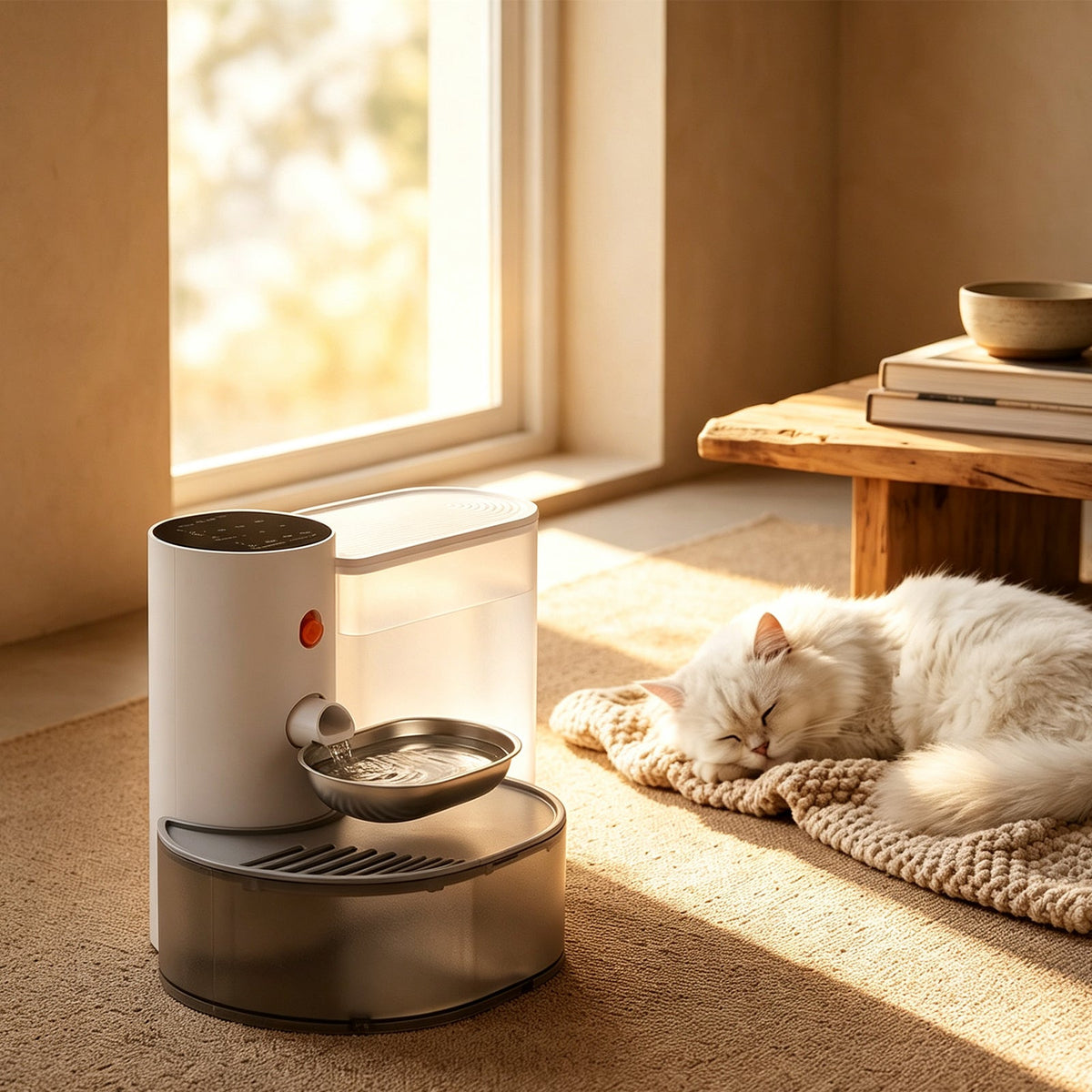 The self-refilling water fountain from the front, a white cat asleep on a blanket behind it