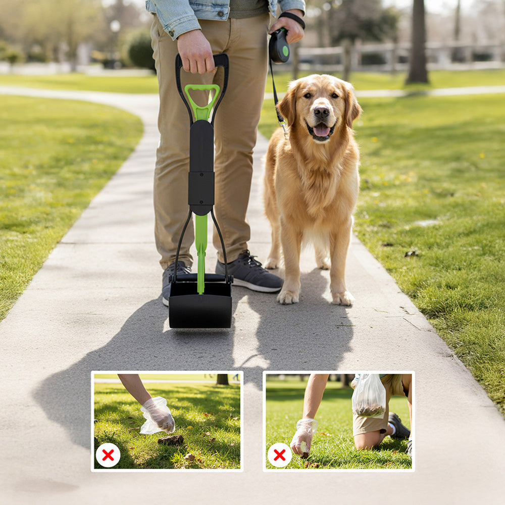 A person with the green poop scoop and a golden retriever on a path