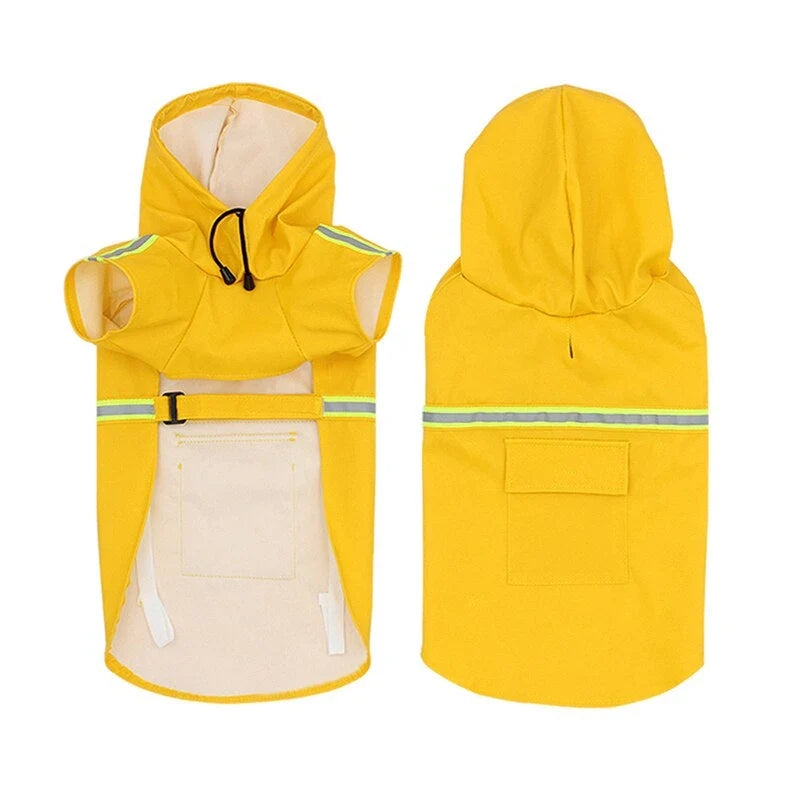 Yellow hooded dog raincoat shown from the front with its pale lining and from the back with the reflective band and pocket