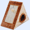 Brown and cream triangle cat house with a sisal scratch panel, a pom-pom and a round entrance