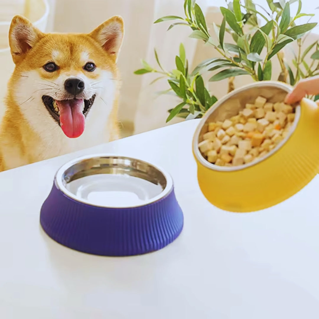 Blue round ribbed dog bowl with its steel insert on a table, a yellow bowl of food held beside a shiba