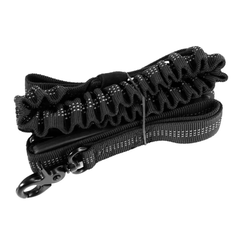 Black bungee dog lead coiled up, showing the padded handle, the grip and the snap hook