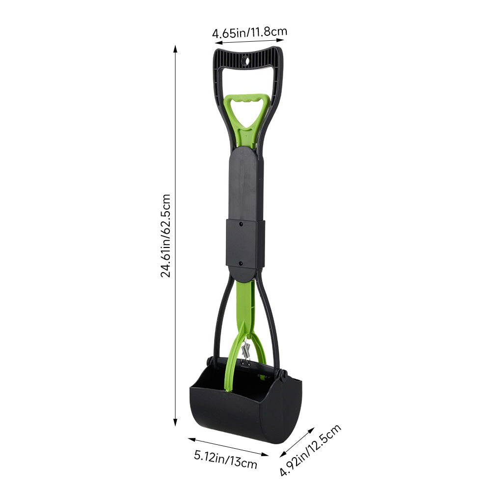 Green and black foldable dog poop scoop with its dimensions