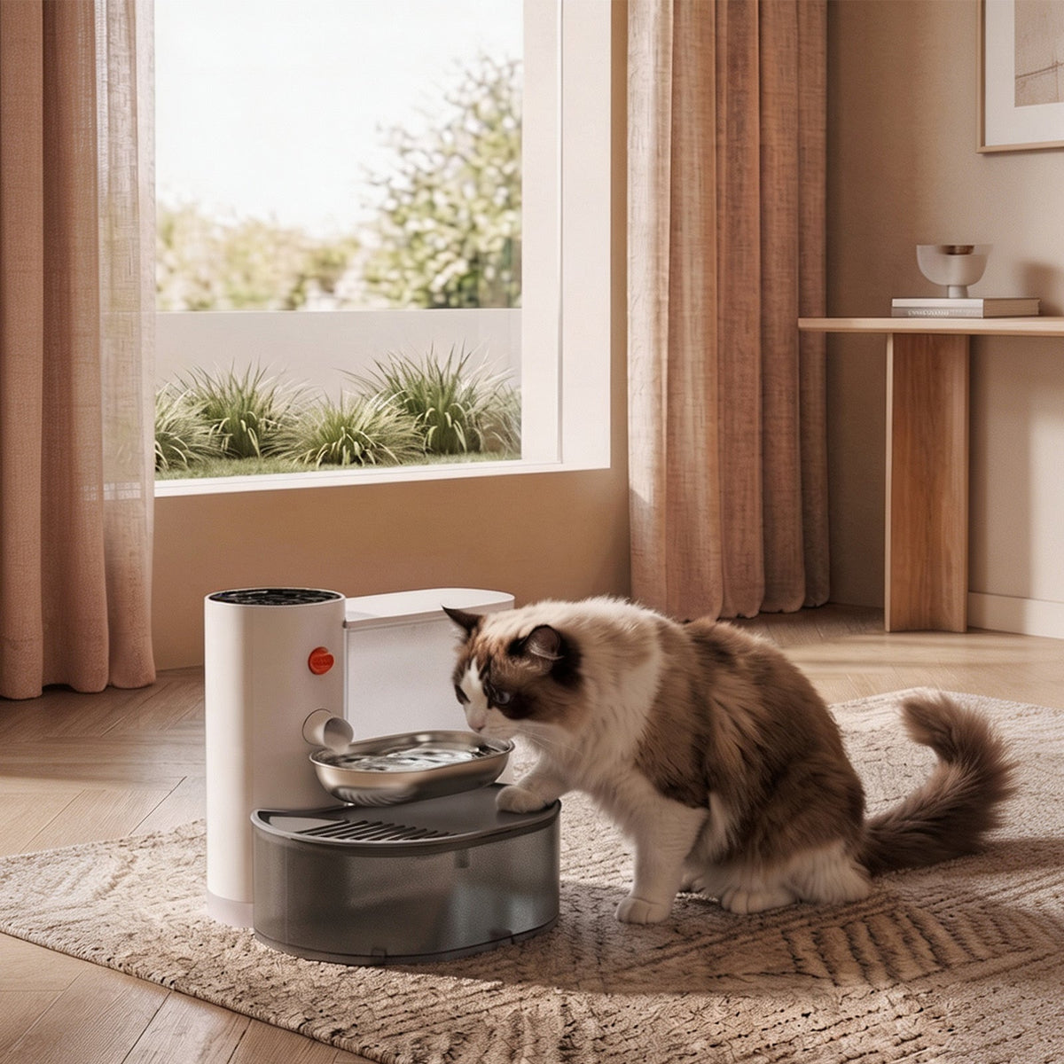 A long-haired cat drinking from the steel bowl of the self-refilling water fountain