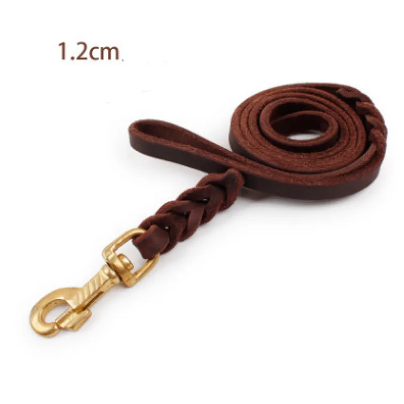 Brown leather dog lead coiled with its braided end and snap hook, labelled 1.2 cm wide