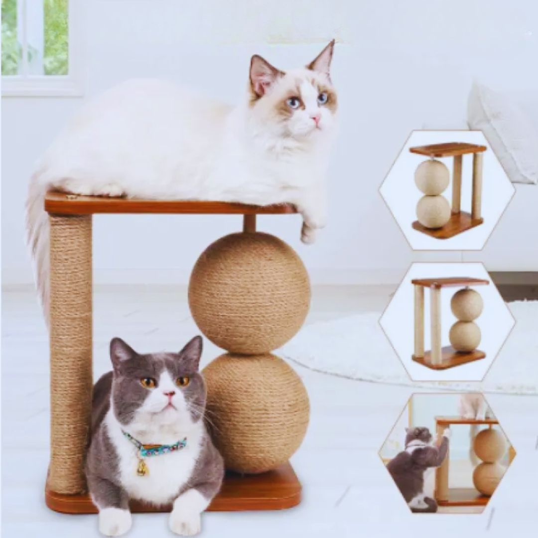 Two cats on and beside the sisal ball scratching post, with three small views of the scratcher