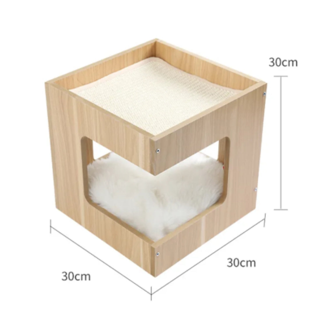 One-tier wooden cat cube with a sisal top and a plush cave, measuring 30 x 30 x 30 cm