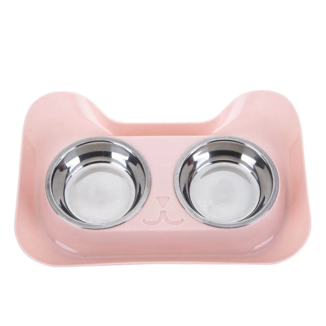 Peach double bowl set with a cat-shaped tray and two stainless steel bowls