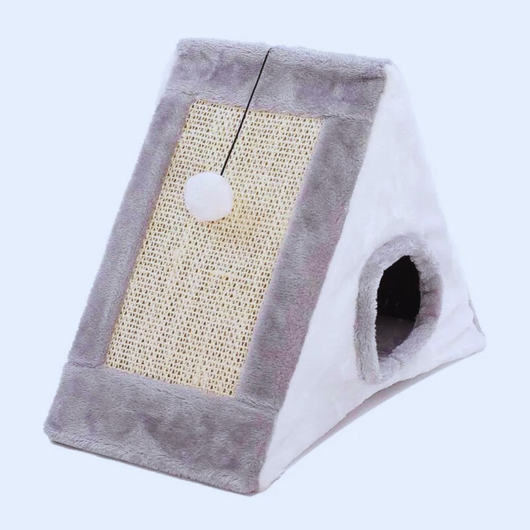 Grey and pale grey triangle cat house with a sisal scratch panel, a pom-pom and a round entrance