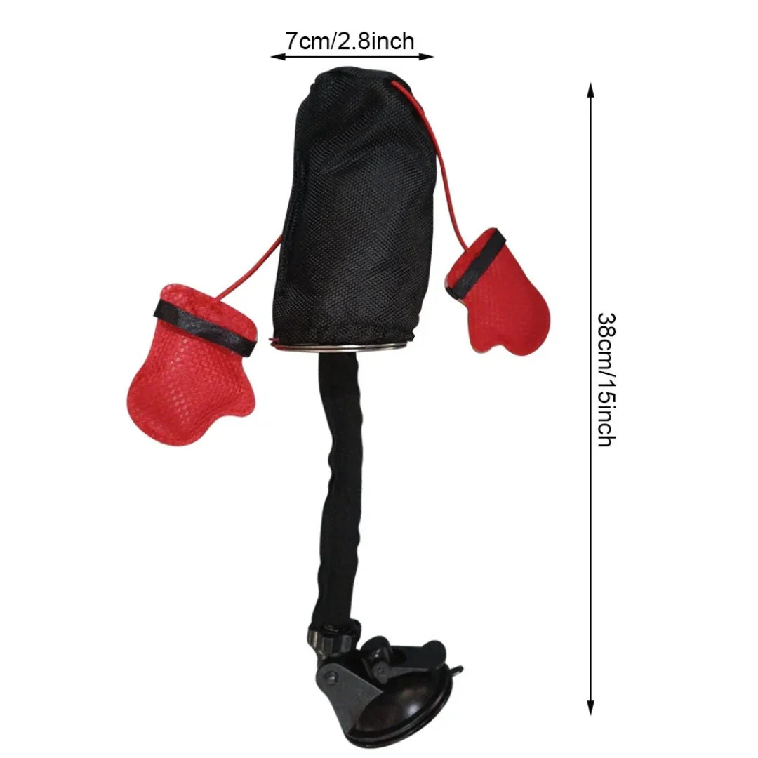 Cat punching bag toy, 38 cm tall with a 7 cm wide bag, two red gloves and a suction cup base