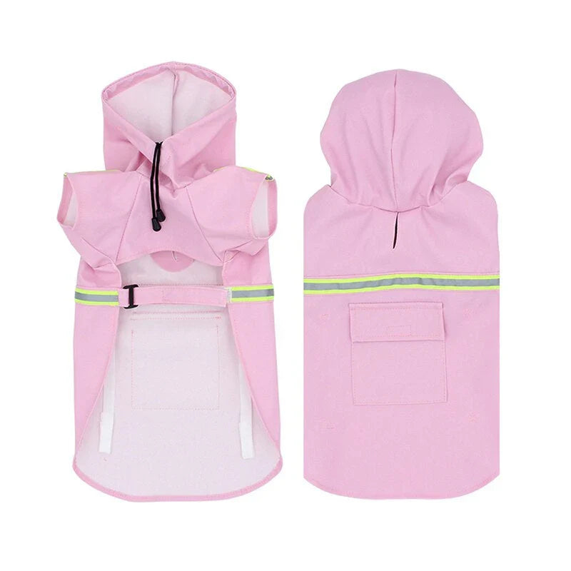 Pink hooded dog raincoat shown from the front with its pale lining and from the back with the reflective band and pocket