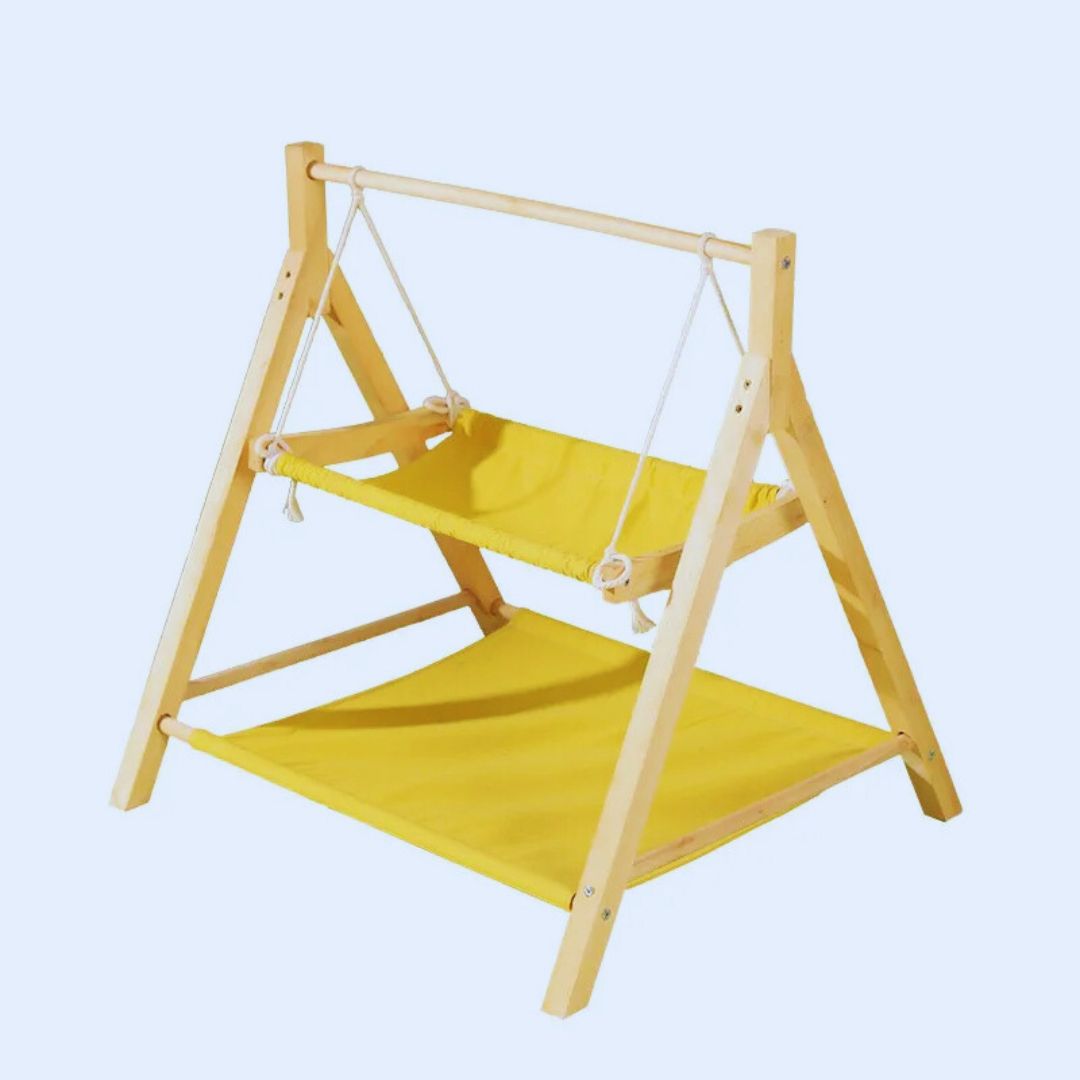 The wooden cat swing bed with yellow fabric hammocks