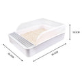 White open cat litter tray with a clear splash shield and grey grid step, 49.5 by 36.5 cm and 18.5 cm high