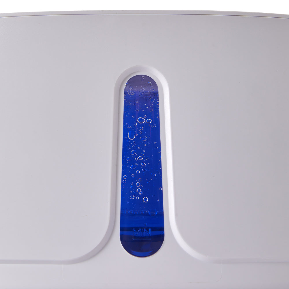 Close view of the blue lit water-level window on the front of the fountain