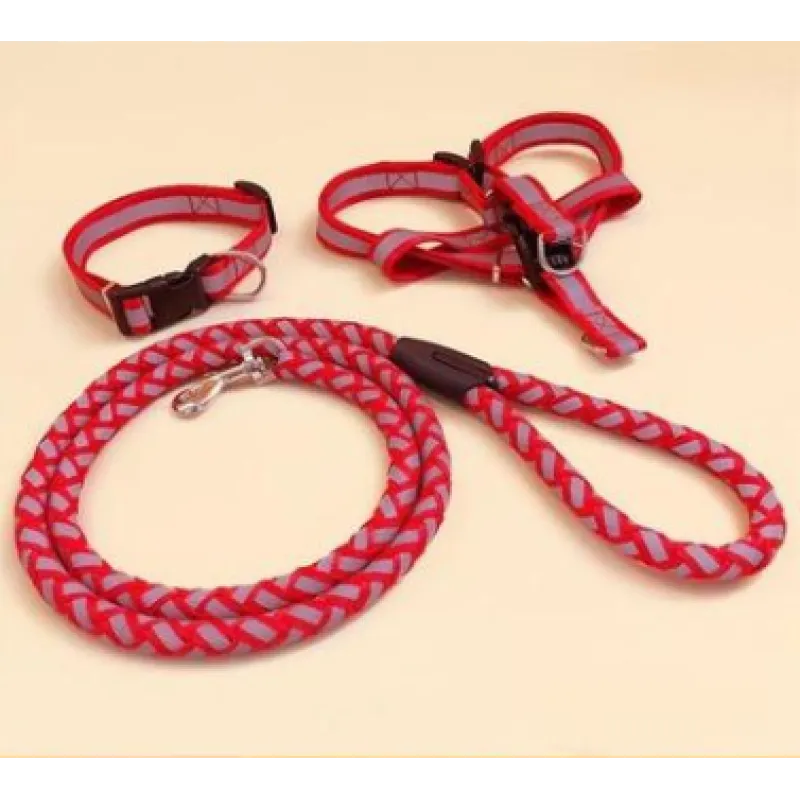 Red reflective harness and braided rope lead, with a matching collar beside them