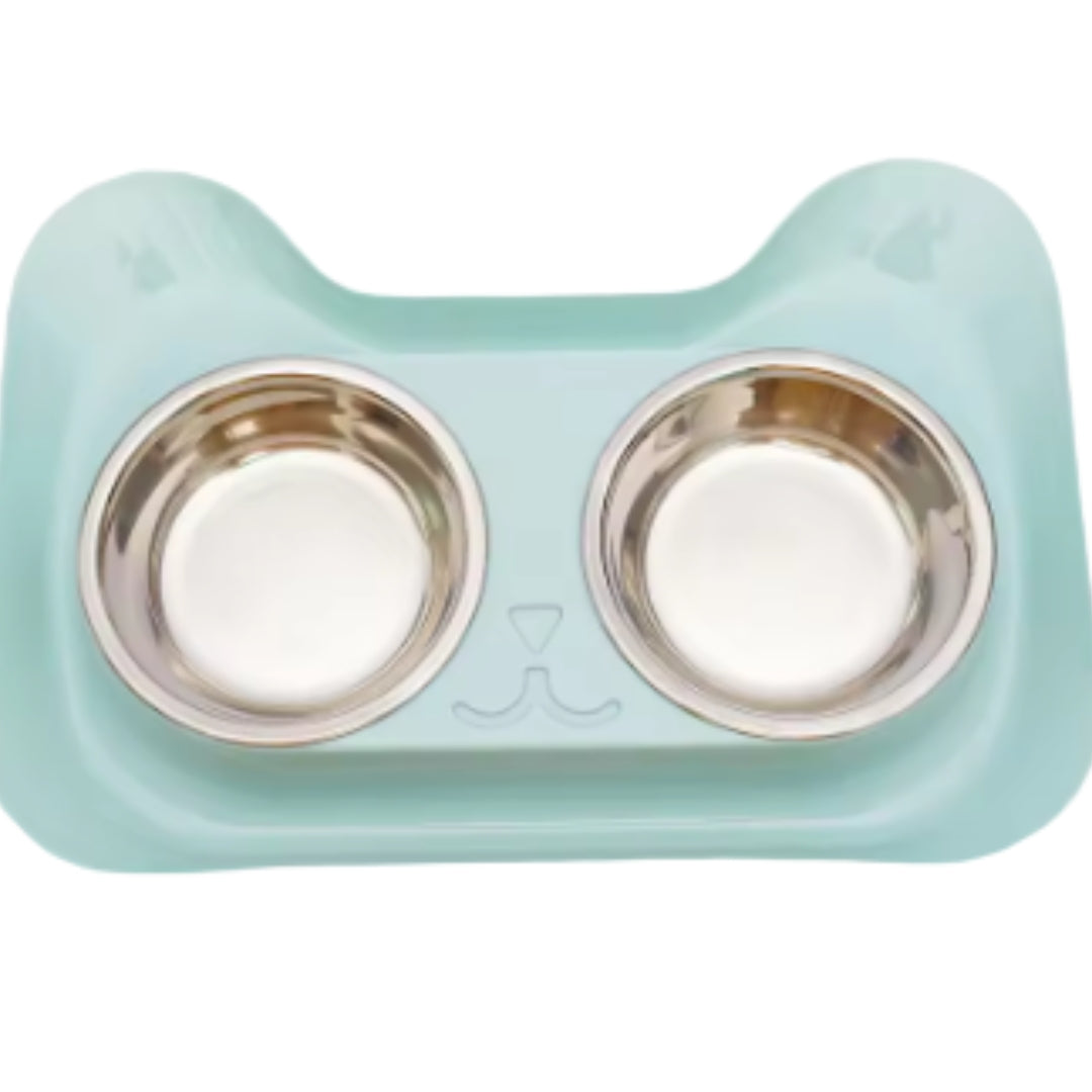 Mint double bowl set with a cat-shaped tray and two stainless steel bowls