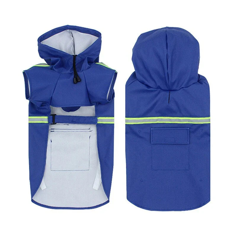 Royal blue hooded dog raincoat shown from the front with its pale lining and from the back with the reflective band and pocket