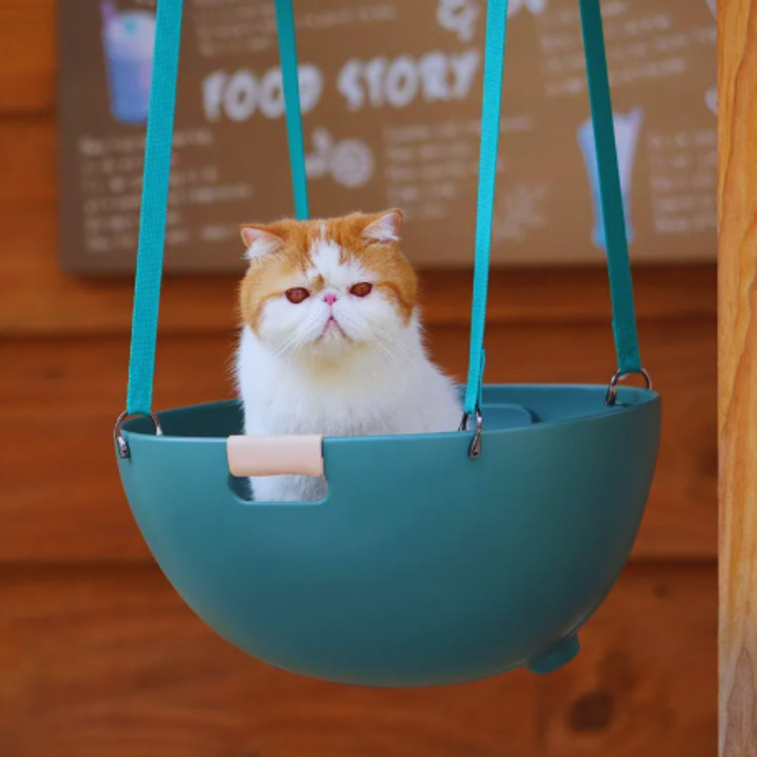 A ginger and white cat sitting in the teal green shell of the cat bed, hung from straps